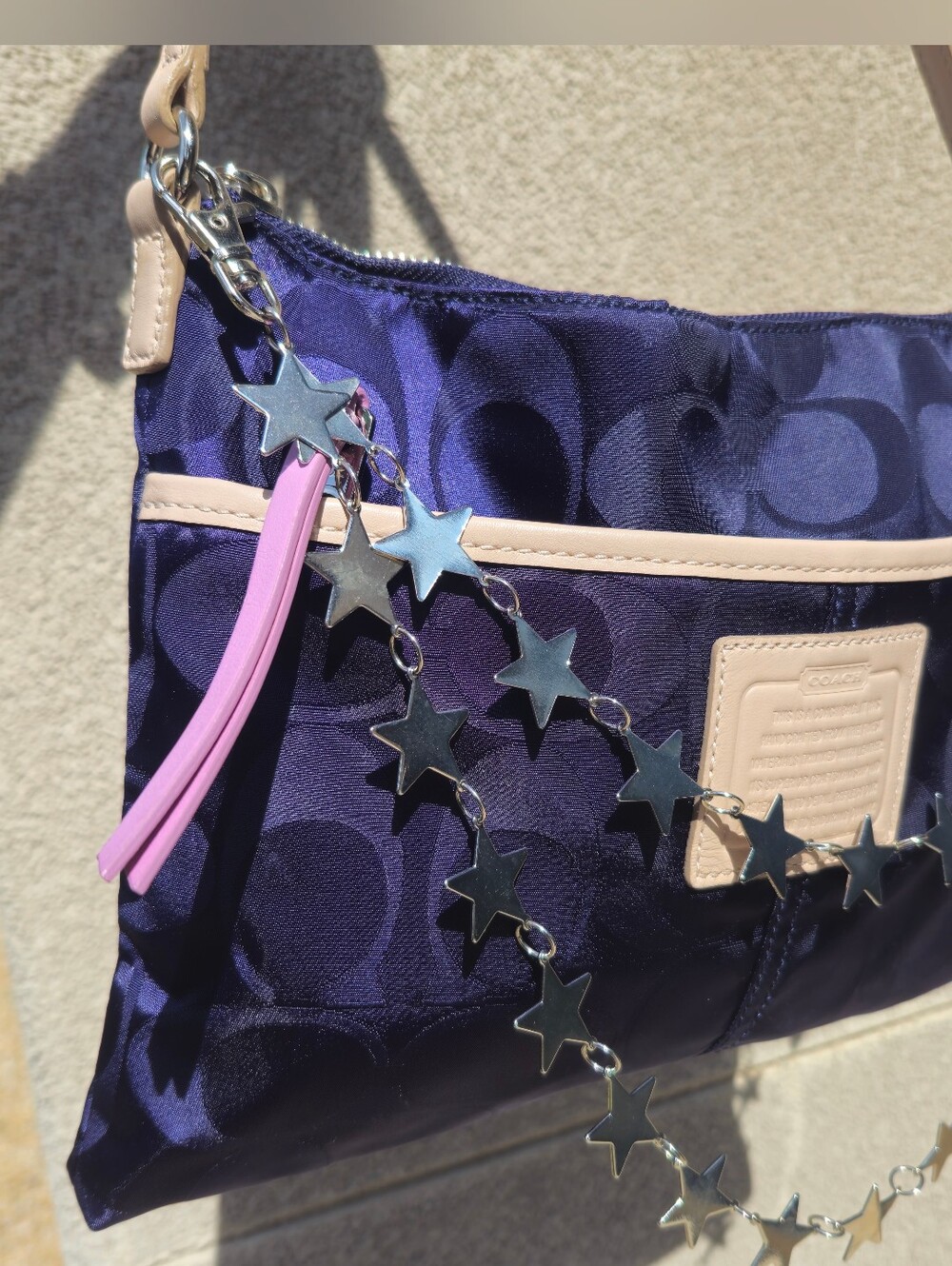 Coach Legacy Weekender Hippe Bag Light Tan Trim Fuschia Interior and Star Chain